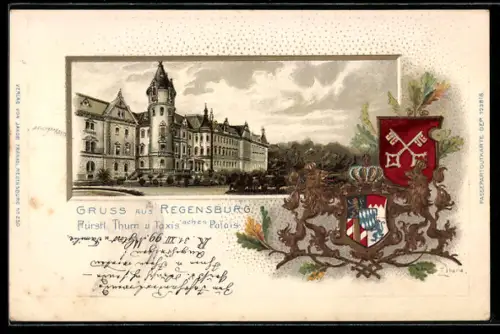Passepartout-Lithographie Regensburg, Fürstlich Thurn u. Taxis`sches Palais, Wappen