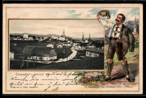 Passepartout-Lithographie Teisendorf, Totalansicht vom Bahnhof, Mann in Tracht im Passepartout