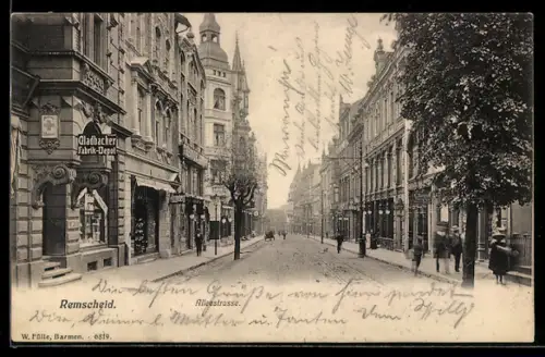 AK Remscheid, Alleestrasse mit Geschäften