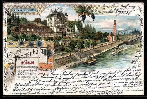 Lithographie Köln-Marienburg, Ansicht des Gasthauses