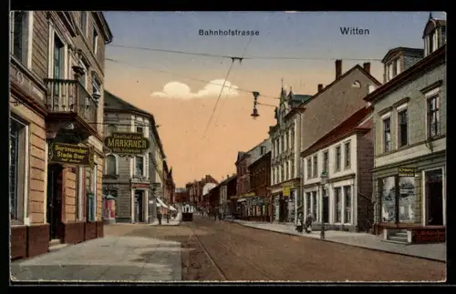 AK Witten, Bahnhofstrasse mit Gasthof zum Markaner
