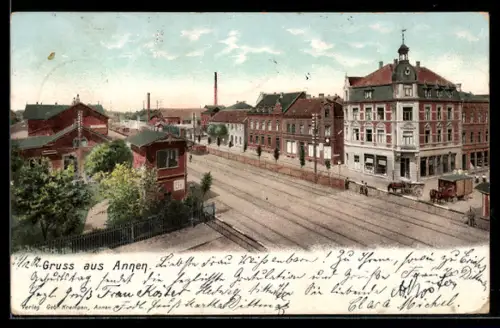 AK Annen, Ortspartie aus der Vogelschau mit Schienen