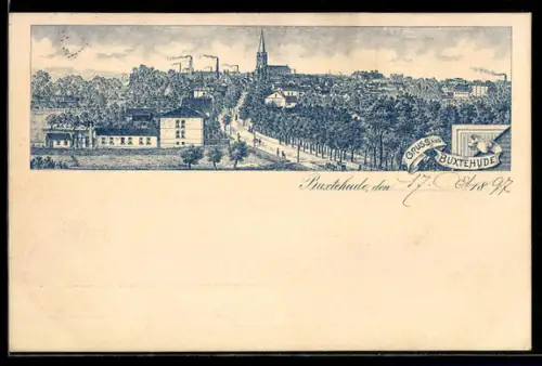 Lithographie Buxtehude, Totalansicht mit Kirche und Parkanlagen