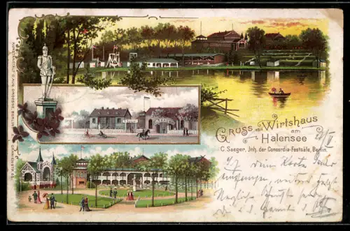 Lithographie Berlin-Halensee, Wirtshaus, Inh, C. Saeger, Blick auf die Parkanlage