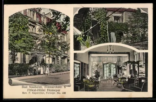AK Bad Nauheim, Hotel Homeyer in der Bismarckstrasse 6, Bes. F. Kapsreiter, Aussen- und Innenansicht
