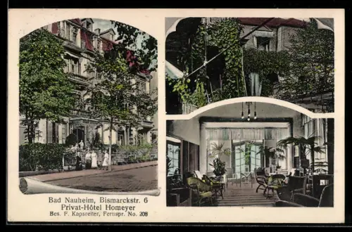 AK Bad Nauheim, Hotel Homeyer in der Bismarckstrasse 6, Bes. F. Kapsreiter, Aussen- und Innenansicht