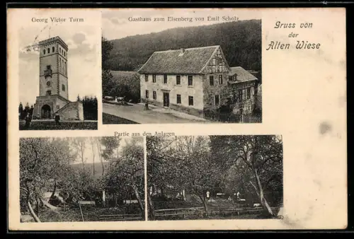 AK Corbach, Gasthaus zum Eisenberg, Bes. Emil Scholz, Georg Victor Turm und Partie in den Anlagen
