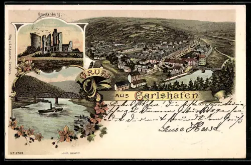 Lithographie Carlshafen, Totalansicht, Kruckenburg und Flusspartie mit Dampfer und Brücke