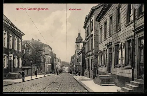 AK Barmen-Wichlinghausen, Partie in der Weststrasse mit Strassenbahnschienen
