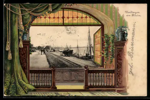 Passepartout-Lithographie Uerdingen am Rhein, Partie am Hafen mit angelegten Booten, Passepartout im Wohnzimmerstil