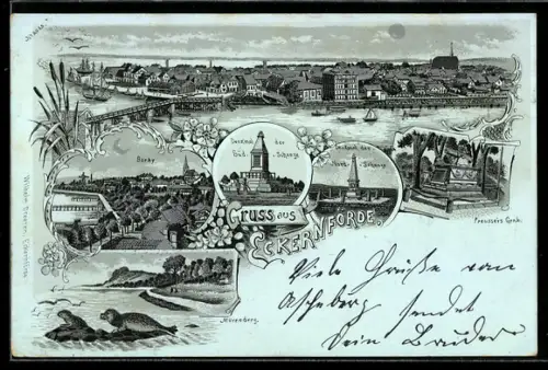 Mondschein-Lithographie Eckernförde, Borby, Denkmäler, Mövenberg, Preusser`s Grab