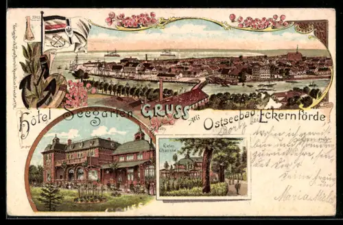 Lithographie Eckernförde, Hotel Seegarten, Kieler Chausee, Totalansicht, Dampfer