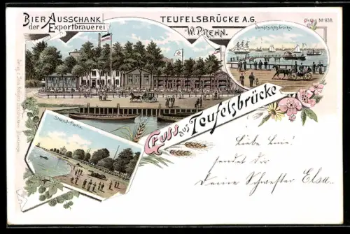 Lithographie Hamburg-Teufelsbrücke, Gasthaus der Exportbrauerei von A. H. Schmidt, Strandpartie, Dampfschiffbrücke