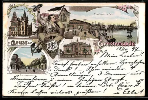 Lithographie Geestemünde, Fischereihafen, Rathaus, ein winkender Mann, weitere Ansichten
