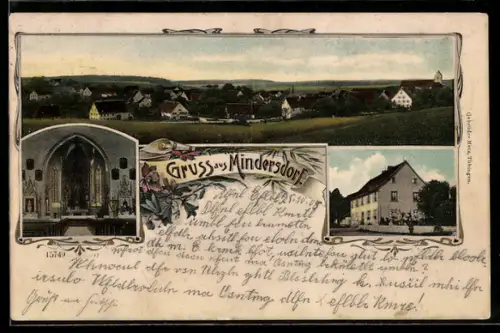 AK Mindersdorf, Totalansicht und Innenraum der Kirche mit Altar