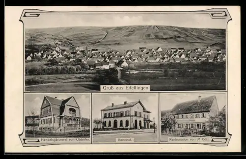 AK Edelfingen, Totalansicht, Handelsgärtnerei von Ulzhöfer, Bahnhof und Restaurant von M. Götz