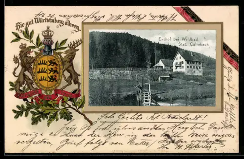 Passepartout-Lithographie Enzhof bei Wildbad, Station Calmbach, Wappen Kgr. Württemberg im Passepartout