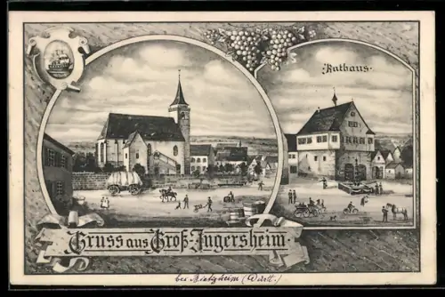 AK Gross-Ingersheim, Ortspartie mit Kirche und Rathaus