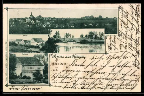 AK Köngen, Totalansicht, Mühle, Schloss und Neckarbrücke mit Gedenksäule