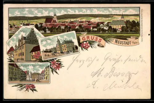 Lithographie Neustadt, Bahnhofstrasse, Marktplatz mit Kriegerdenkmal, Rathaus