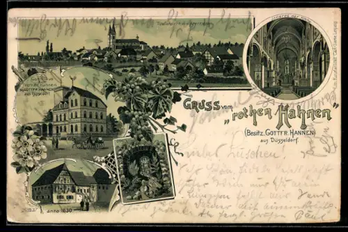 Lithographie Düsseldorf, Gasthaus zum roten Hahnen, Besitzer Gottfr. Hannen, Ansicht vom Gasthaus im Jahr 1630