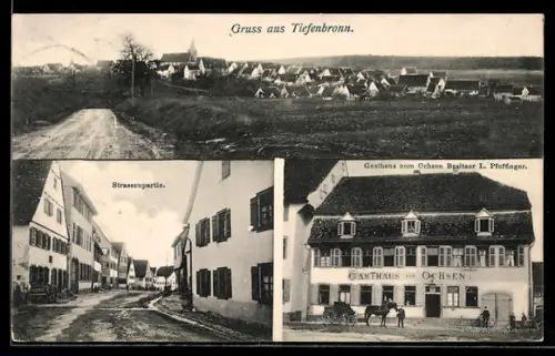 AK Tiefenbronn, Gasthaus zum Ochsen, Besitzer L. Pfeffinger, Strassenpartie mit Wohnhäusern