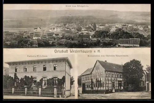 AK Westerhausen a. H., Restaurant von Christian Tangermann, Pastoren-Wohnhaus, Blick auf den Ort vom Königstein