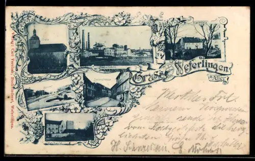 AK Weferlingen a. Aller, Zuckerfabrik, Partie an der Allerbrücke, Kirche, Bahnhof, Alte Burg