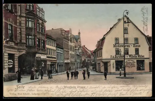 AK Zeitz, Wendische Strasse mit Modewaren-Haus von F. A. Burkhardt