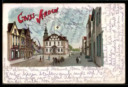 Lithographie Verden, Grosse Strasse mit Droschke