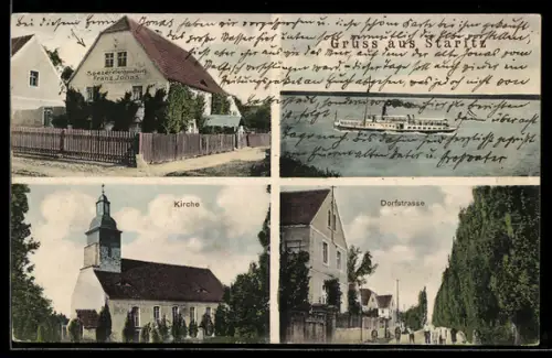 AK Staritz, Spezereihandlung von Franz Jonas, Kirche, Dorfstrasse