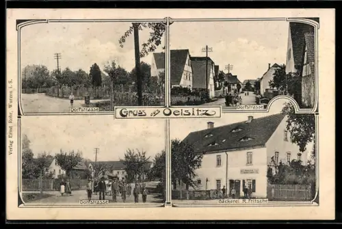 AK Oelsitz, Bäckerei von R. Fritsche, Dorfstrasse mit Wohnhäusern und Anwohern