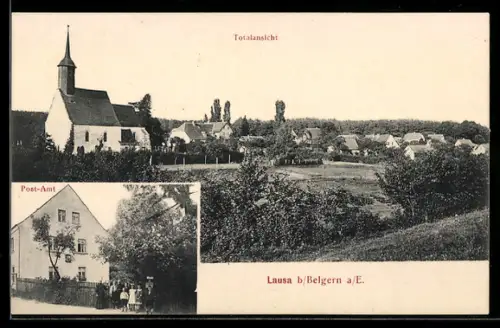 AK Lausa b. Belgern, Post-Amt, Totalansicht mit Kirche