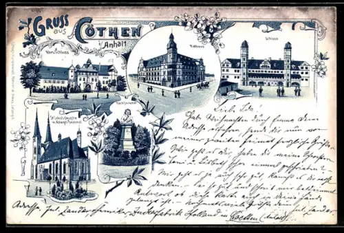 Lithographie Cöthen i. Anhalt, St. Jakobskirche mit Kriegerdenkmal, Rathaus, Schloss, Altes Schloss