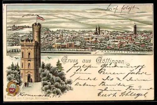 Vorläufer-Lithographie Göttingen, Blick auf die Stadt im Winter, Aussichtsturm