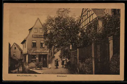 AK Waldenburg i. Sa., Strassenpartie in der Mittelstadt