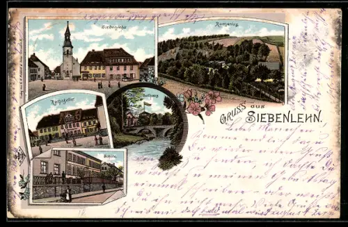Lithographie Siebenlehn, Rathskeller, Zollhaus, Romanus, Schule und Ortsansicht