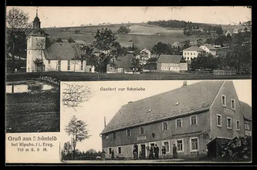 AK Schönfeld bei Kipsdorf, Gasthof zur Schmiede, Ortsansicht mit Kirche