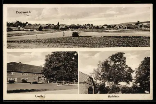 AK Evessen /Elm, Gasthof zum schwarzen Ross, Besitzer August Kurland, Hichlinde, Dorfansicht vom Feld aus