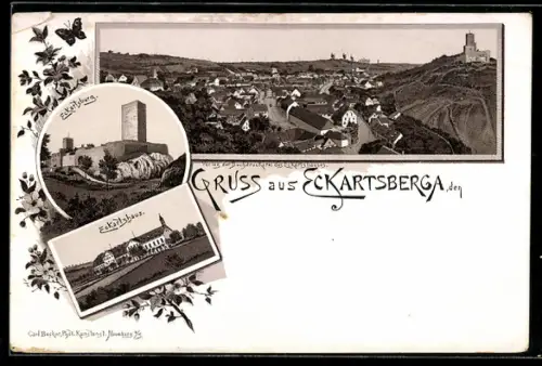 Lithographie Eckartsberga, Eckartsburg, Eckartshaus, Ortsansicht mit der Burg
