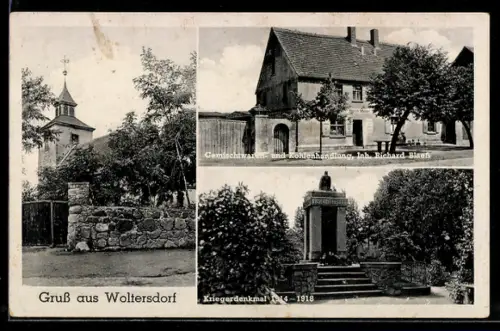 AK Woltersdorf, Gemischtwaren- und Kohlenhandlung, Inh. Richard Blaess, Kriegerdenkmal 1914-1918, Kirche