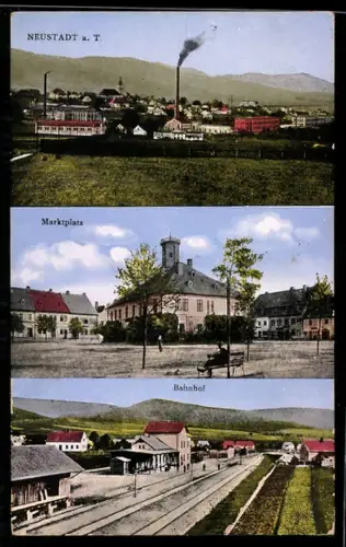 AK Neustadt an der Tafelfichte, Bahnhof, Marktplatz, Ortsansicht mit Fabrik