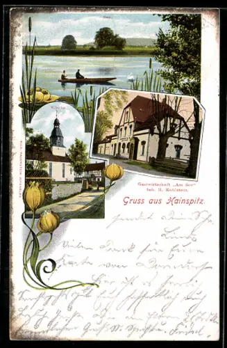 AK Hainspitz, Seepartie, Kirche, Gasthaus am See