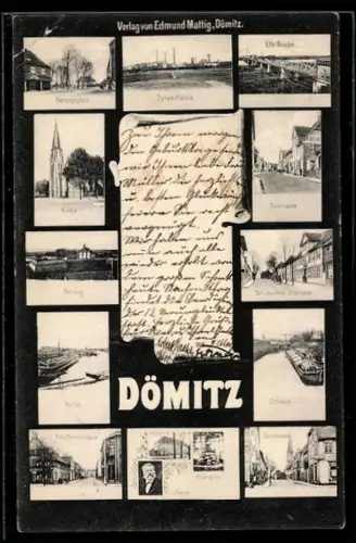 AK Dömitz, Behnckes Hotel in der Elbstrasse, Partie in der Torfstrasse, Festung, Kirche, Hafen, Schleuse