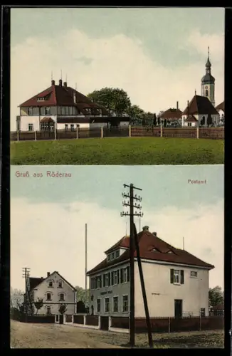 AK Röderau, Kaiserliches Postamt, Teilansicht des Ortes mit Kirche