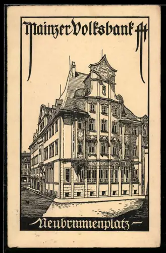 Künstler-AK Mainz, Gebäude der Mainzer Volksbank am Neubrunnenplatz