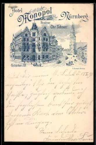 Lithographie Nürnberg, Hotel Monopol, Besitzer Chr. Schnorr