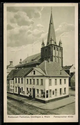 AK Uerdingen a. Rhein, Restaurant Packenius, Blick auf die Kirche