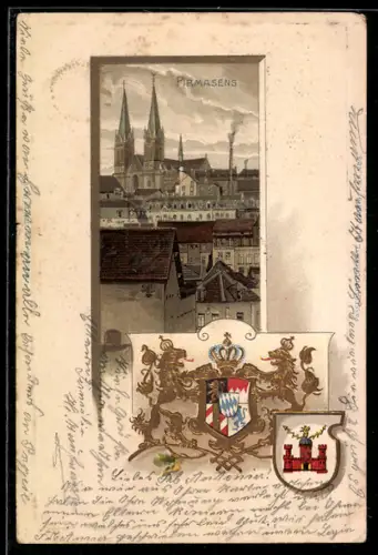 Passepartout-Lithographie Pirmasens, Teilansicht mit Kirche, Wappen