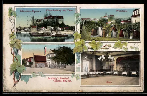 AK Meissen-Spaar, Schüttig`s Gasthof, Innenansicht vom Saal, Albrechtsburg mit Dom, Weinlese